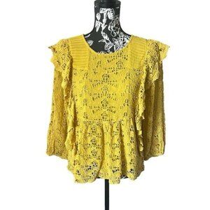Anthropologie Clementine Eyelet Blouse Size 6 Long Sleeve Ruffle Yellow